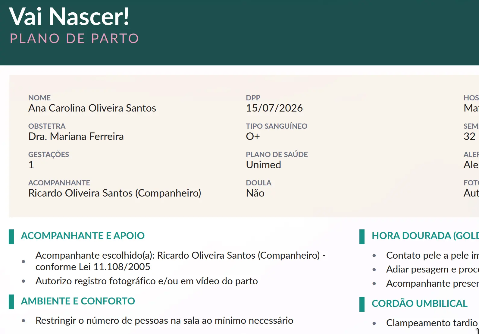 Plano de parto do Vai Nascer! em um celular