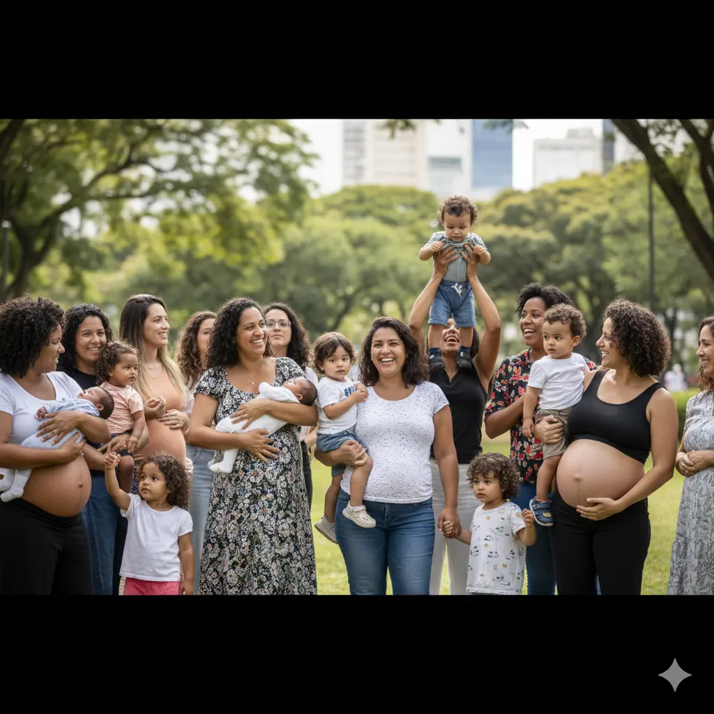 Gestantes reunidas compartilhando experiências